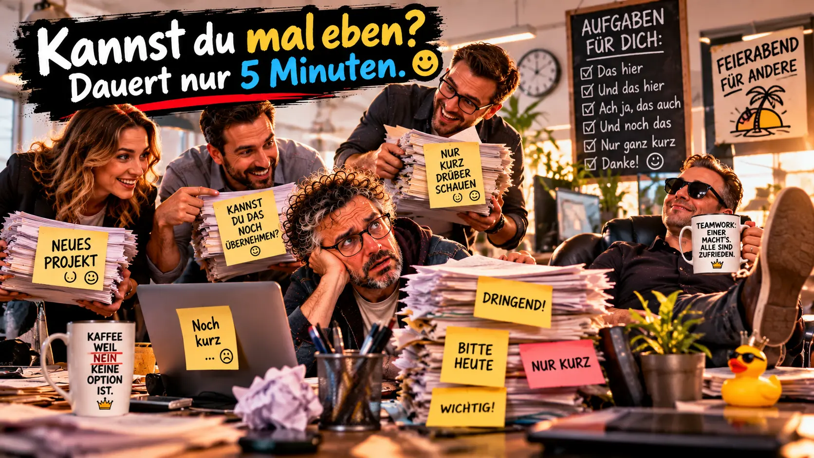 Kannst du mal eben? – Teamwork dauert nur fünf Minuten Satirische KI-Illustration: Ein erschöpfter Mitarbeiter sitzt hinter riesigen Aktenbergen, während drei lachende Kollegen ihm weitere Aufgaben überreichen und ein vierter entspannt mit hochgelegten Füßen seinen Feierabend genießt.