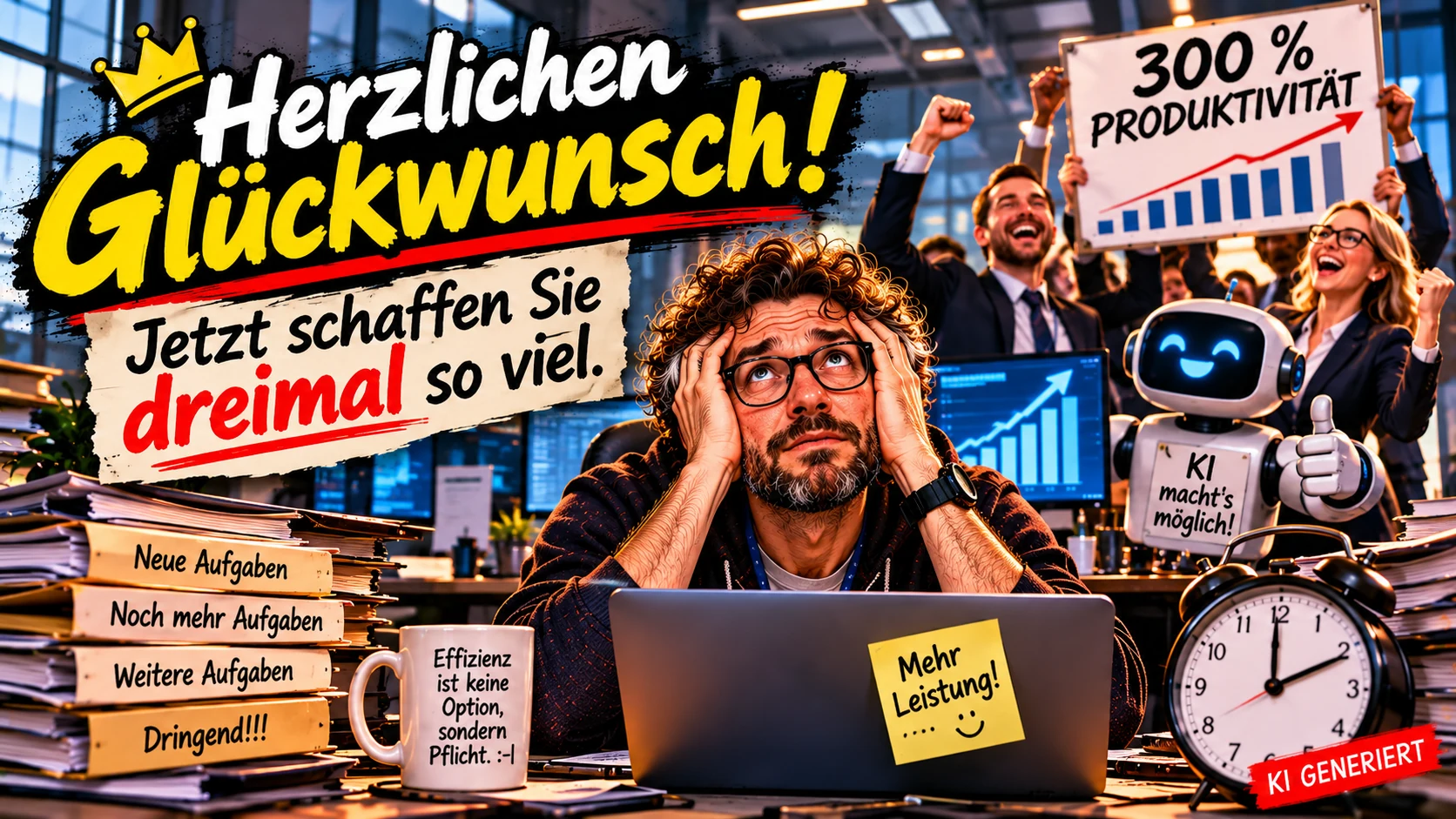 Herzlichen Glückwunsch! Jetzt schaffen Sie dreimal so viel. Satirische Darstellung eines überlasteten Mitarbeiters, während Führungskräfte eine Produktivitätssteigerung von 300 Prozent feiern.