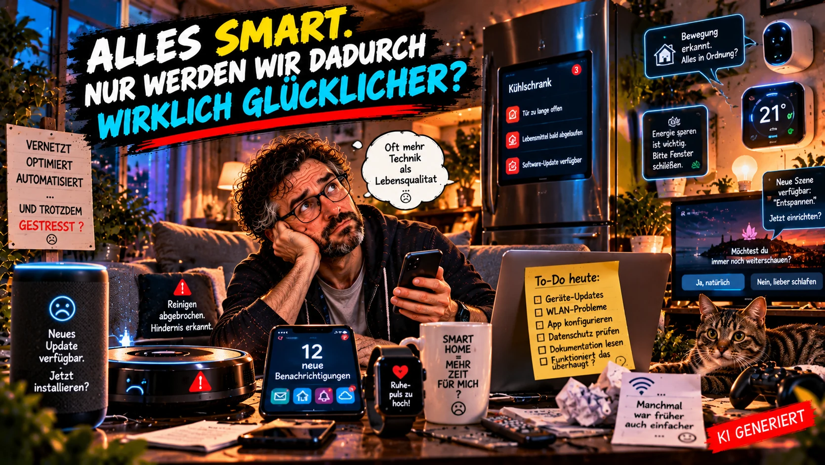 : Alles smart. Nur werden wir dadurch wirklich glücklicher? Satirische Illustration eines erschöpften Mannes mit Brille in einem vernetzten Wohnzimmer, umgeben von Smart-Home-Geräten, Fehlermeldungen, Benachrichtigungen und digitalen Aufgaben.
