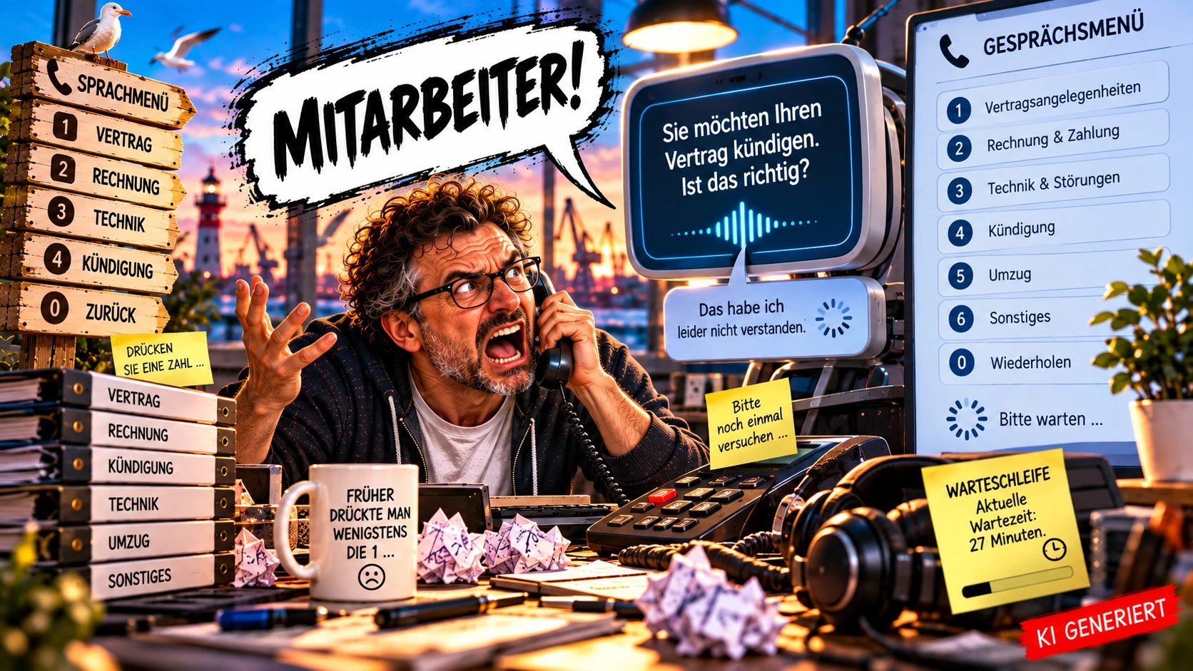 „MITARBEITER!“ – Wenn der Sprachcomputer einfach nicht verstehen will Satirische KI-generierte Illustration eines verzweifelten Kunden, der „Mitarbeiter!“ ins Telefon ruft, während ein automatisches Sprachmenü sein Anliegen falsch versteht und ihn durch Warteschleife und Kundenservice-Menüs schickt.