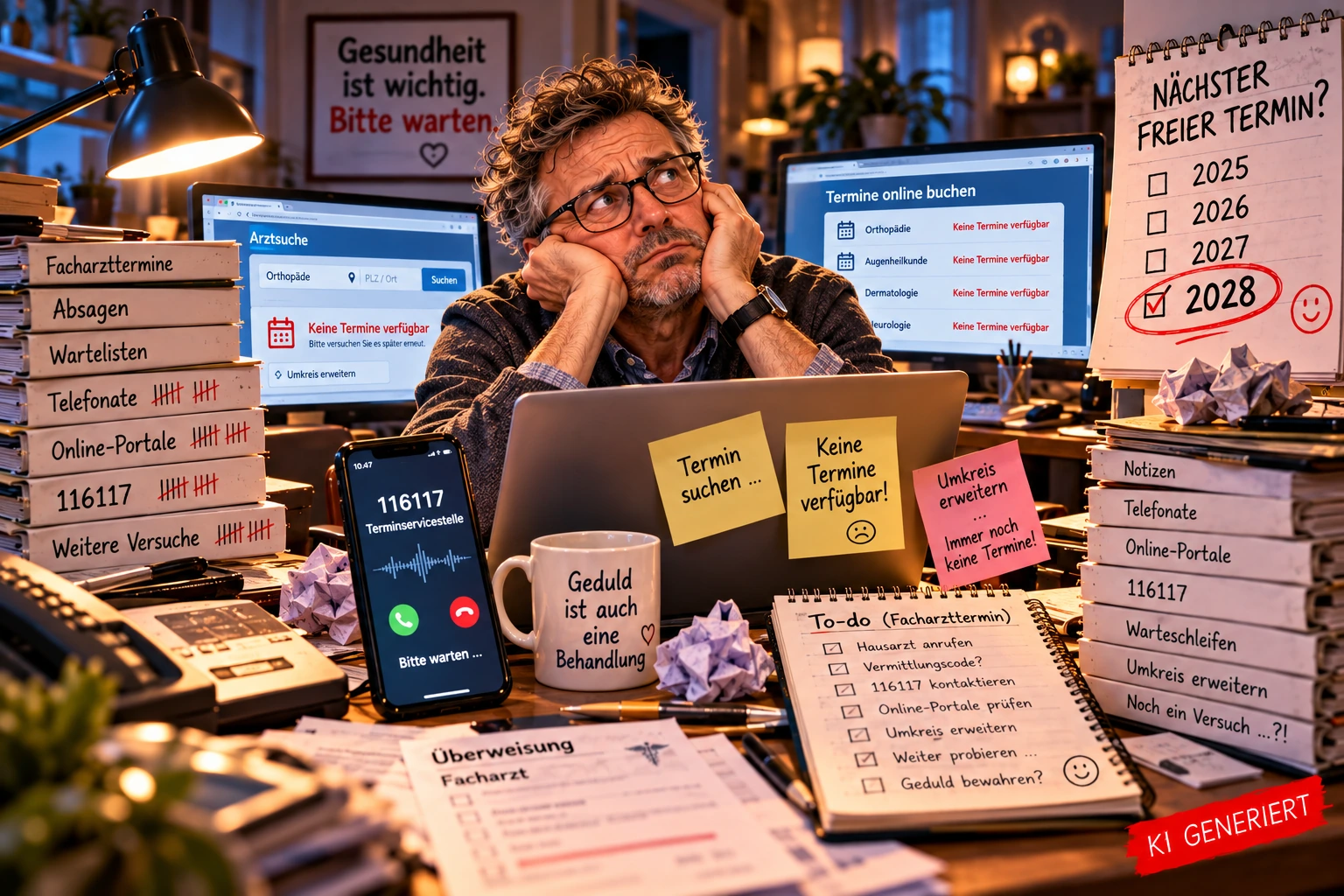 Facharzttermin gesucht – Thomas zwischen Warteschleifen und Onlineportalen Satirische KI-generierte Illustration: Thomas sitzt verzweifelt vor seinem Laptop und sucht einen Facharzttermin. Mehrere Bildschirme zeigen „Keine Termine verfügbar“, während sein Smartphone die 116117 anruft und ein Kalender auf 2028 verweist.