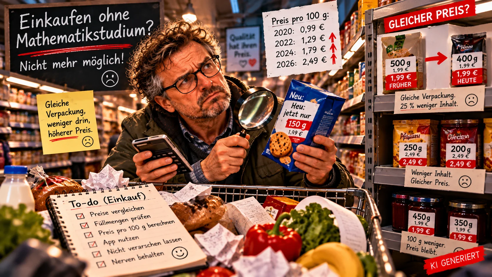 Bachelor of Supermarktmanagement – Einkaufen wird zur Wissenschaft Satirische Darstellung von Shrinkflation: Ein Mann mit Brille vergleicht im Supermarkt mithilfe von Taschenrechner und Lupe geschrumpfte Lebensmittelpackungen und steigende Preise.