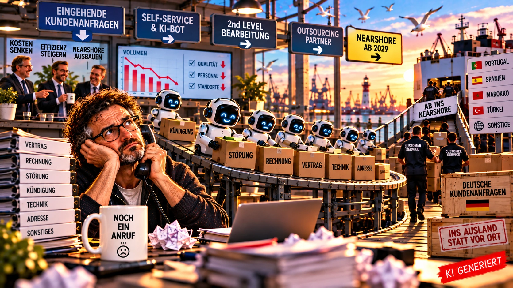 Automatisiert, ausgelagert, optimiert – und wo bleibt der Mensch? Satirische KI-generierte Illustration zum digitalen Kundenservice: Kundenanfragen laufen über Self-Service, KI-Bots, Second Level und Outsourcing, während ein Mitarbeiter mit Headset zwischen Automatisierung, Kostendruck und Verlagerung sitzt.