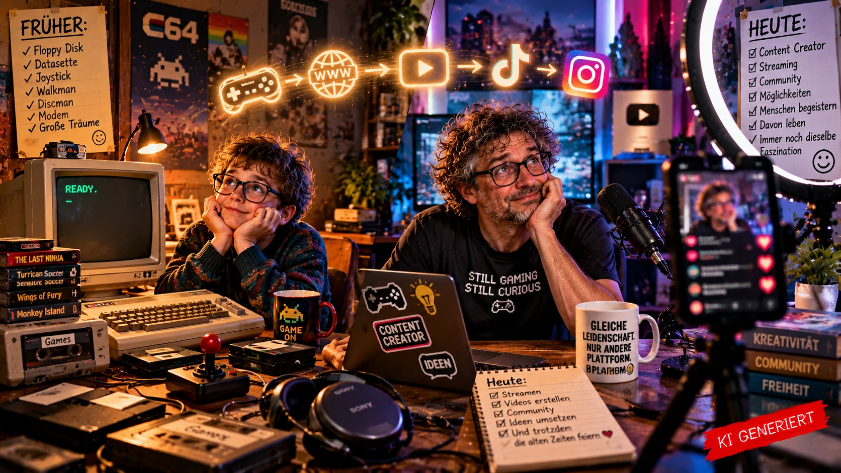 Von der Diskette zum Content Creator – Die Begeisterung bleibt Junge am Retro-Computer und erwachsener Content Creator im modernen Streaming-Studio