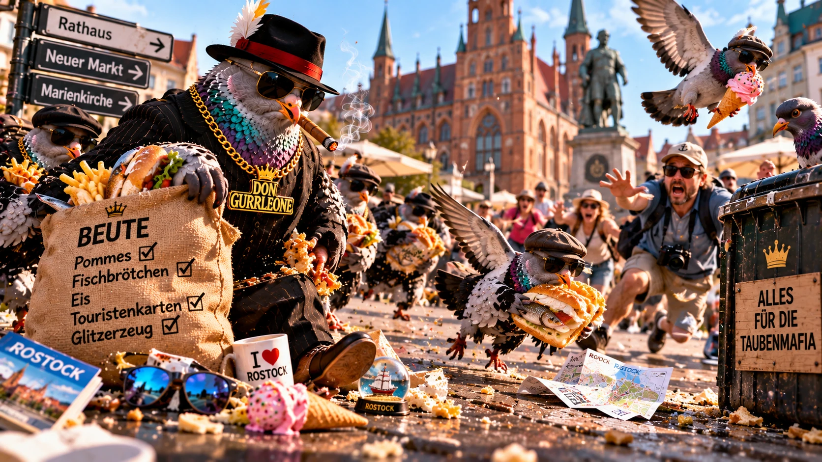 Don Gurrleones großer Beutezug – Rostock fest in Taubenhand Satirische Darstellung eines chaotischen Beutezugs der Taubenmafia auf dem Rostocker Neuen Markt. Don Gurrleone trägt einen Mafia-Anzug, Sonnenbrille und Zigarre, während seine Tauben-Komplizen Pommes, Fischbrötchen, Eis und Souvenirs stehlen. Verzweifelte Touristen versuchen, ihre Lebensmittel zu retten.