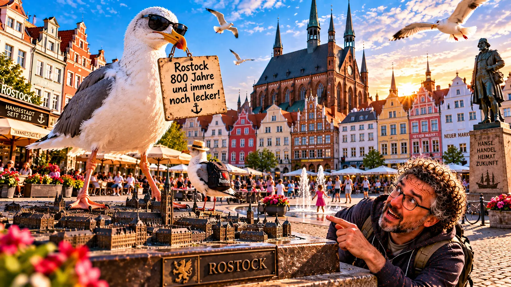 Rostock – 800 Jahre Geschichte und die Möwen regieren noch immer Satirische Darstellung der historischen Rostocker Altstadt mit bunten Giebelhäusern und einer riesigen Silbermöwe mit Sonnenbrille. Auf dem belebten Marktplatz betrachtet ein erstaunter Tourist die überdimensionierte Möwe vor historischer Stadtkulisse.
