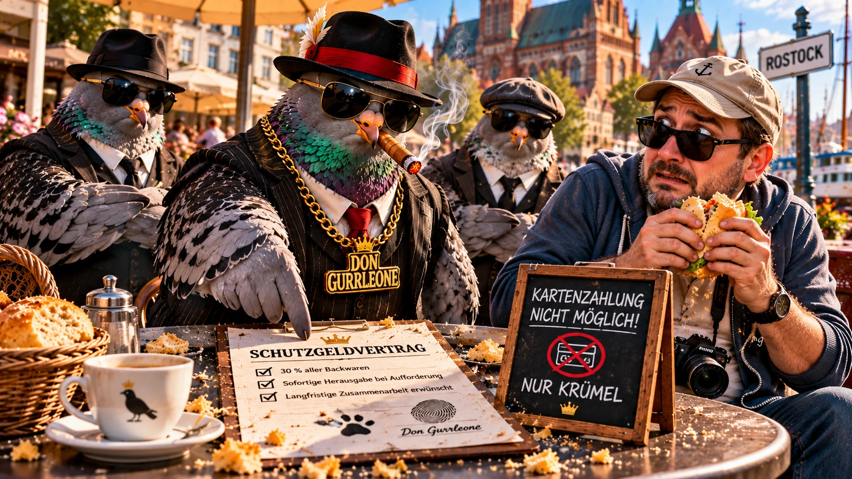 Don Gurrleone – Schutzgeld wird in Brotkrumen bezahlt Satirische Darstellung einer Taubenmafia in einem Rostocker Straßencafé. Mafiaboss Don Gurrleone und zwei Tauben-Bodyguards bedrängen einen verängstigten Touristen mit einem Brötchen. Auf dem Tisch liegt ein Schutzgeldvertrag über 30 Prozent aller Backwaren.