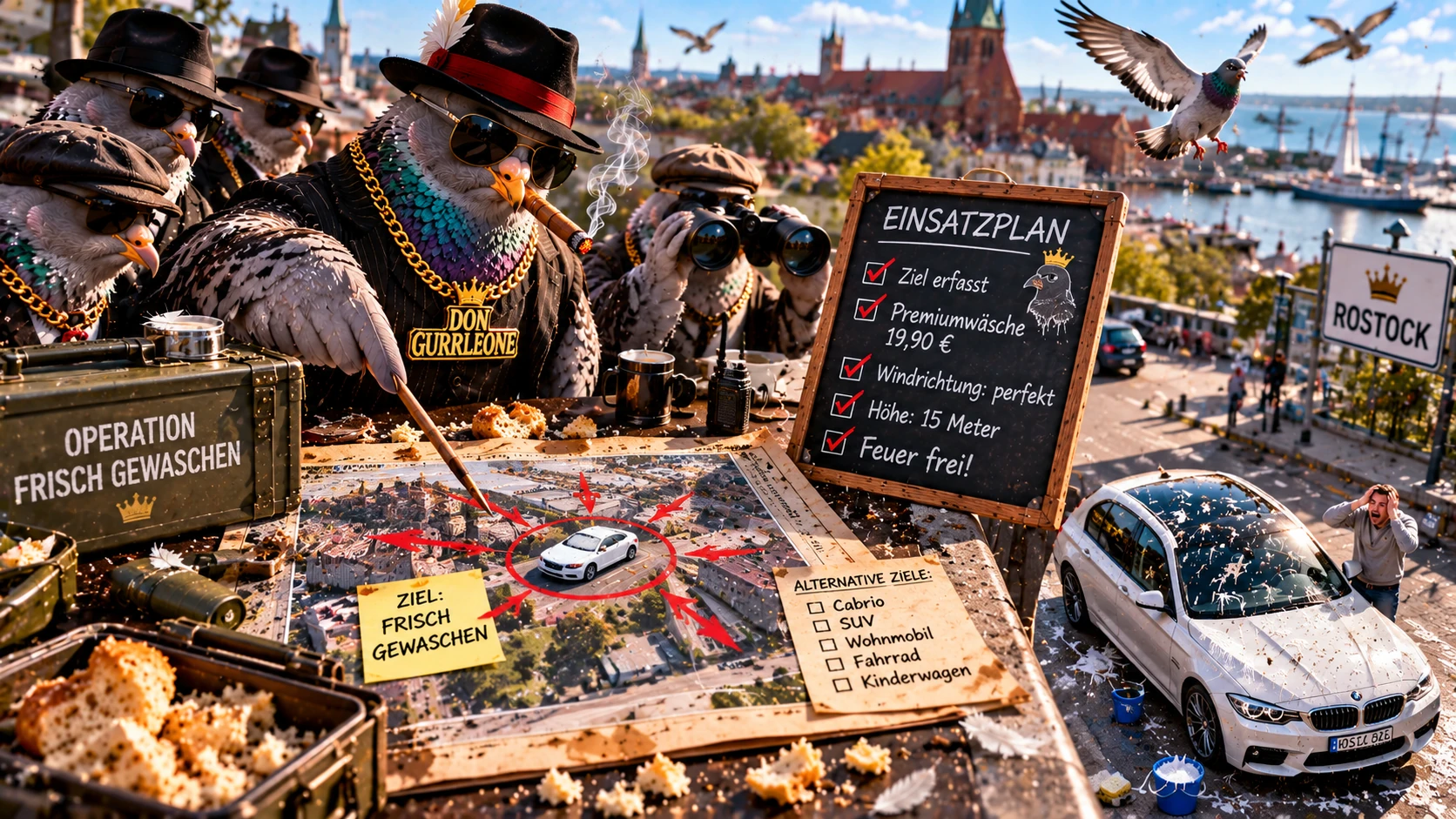 Operation Frisch Gewaschen – Don Gurrleones Luftwaffe schlägt zu Satirische Darstellung der Taubenmafia bei der Planung eines Luftangriffs auf ein frisch gewaschenes Auto in Rostock. Don Gurrleone und seine Tauben-Komplizen stehen mit Einsatzkarte und Fernglas auf einem Dach, während ein verzweifelter Autobesitzer sein bereits von Vogelkot verschmutztes Fahrzeug betrachtet.