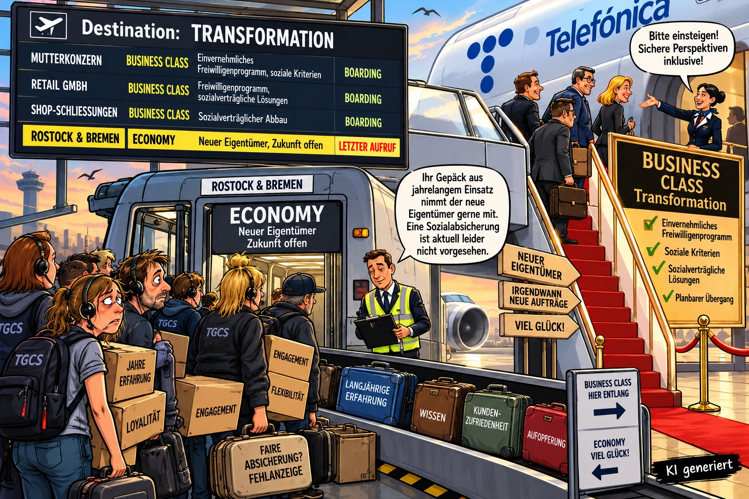 Telefónica-Transformation: Business Class oder Economy? Satirische Karikatur zur Telefónica-Transformation: sozial abgesicherte Programme als Business Class und der geplante Verkauf von TGCS Rostock und Bremen mit ungewisser Zukunft als Economy.