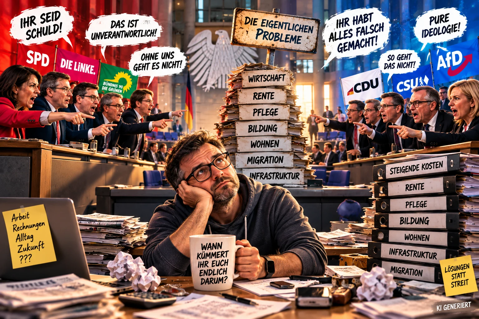 Zwischen Parteienstreit und echten Problemen Satirische Darstellung politischer Parteien im Streit, während Themen wie Wirtschaft, Rente, Pflege, Bildung, Wohnen, Migration und Infrastruktur auf Lösungen warten.