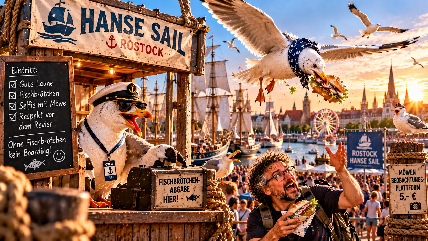Hanse Sail Rostock – Das große Geschäft der Möwenmafia Satirische KI-Illustration der Hanse Sail in Rostock mit historischen Segelschiffen, zahlreichen Besuchern und einem Möwen-Fischbrötchenstand. Eine große Silbermöwe mit Kapitänsmütze betreibt den Stand, während eine weitere Möwe einem erschrockenen Touristen ein Fischbrötchen stiehlt.