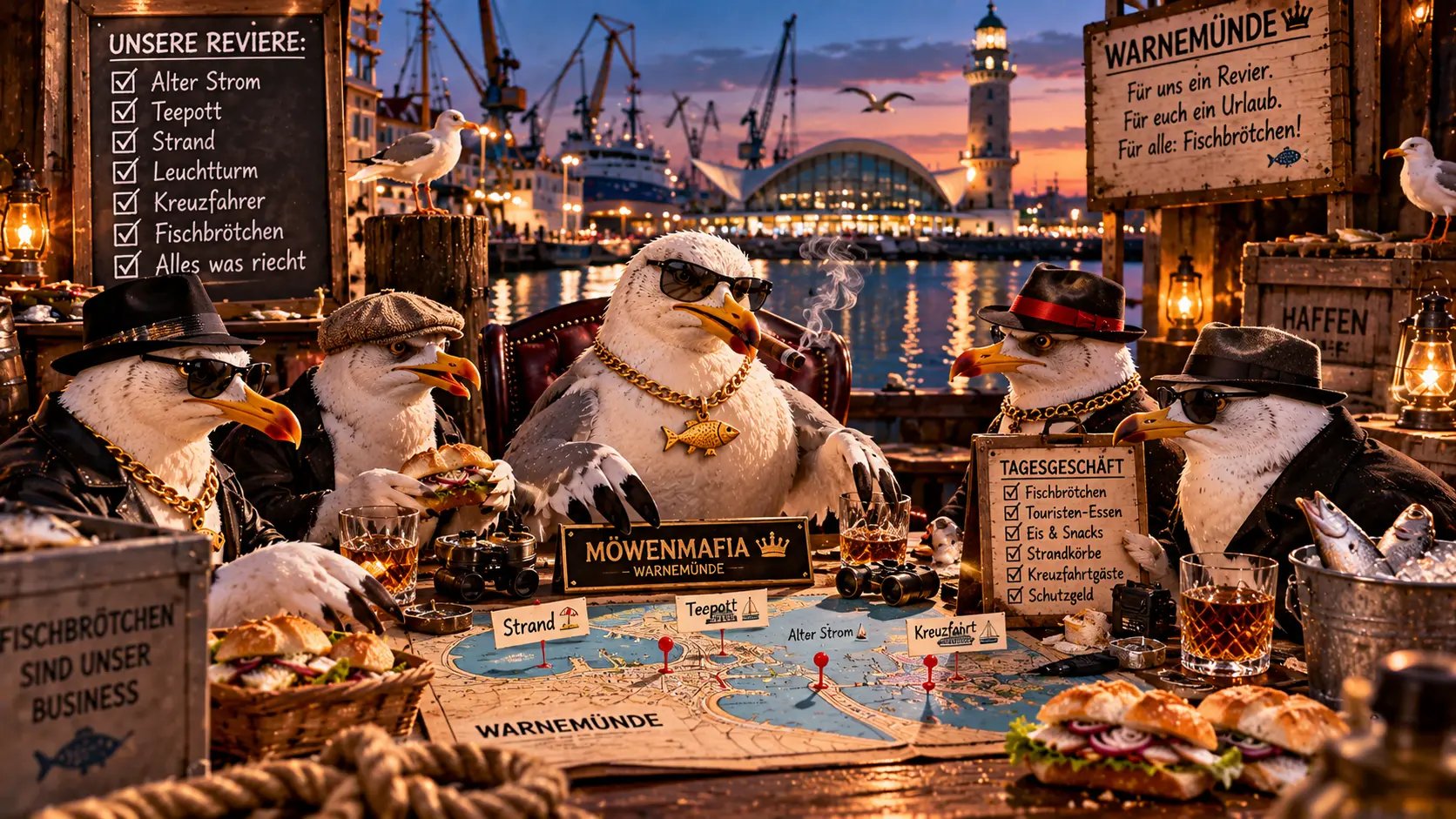 Die Möwenmafia von Warnemünde – Der Pate vom Alten Strom Satirische KI-Illustration einer Möwenmafia in Warnemünde. Fünf Silbermöwen mit Sonnenbrillen, Hüten und Goldketten sitzen an einem Tisch und planen auf einer Karte die Aufteilung ihrer Fischbrötchenreviere. Im Hintergrund sind der Warnemünder Hafen und der Leuchtturm zu sehen.