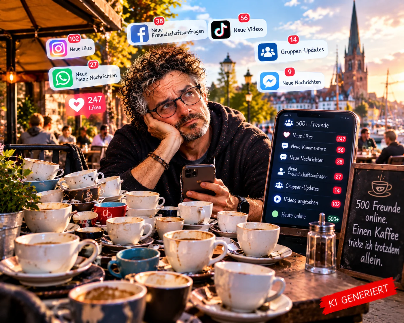 500 Freunde online. Einen Kaffee trinke ich trotzdem allein. Satirische Darstellung eines einsamen Mannes im Café, umgeben von leeren Kaffeetassen und Social-Media-Benachrichtigungen. Trotz 500 Online-Freunden sitzt er allein.