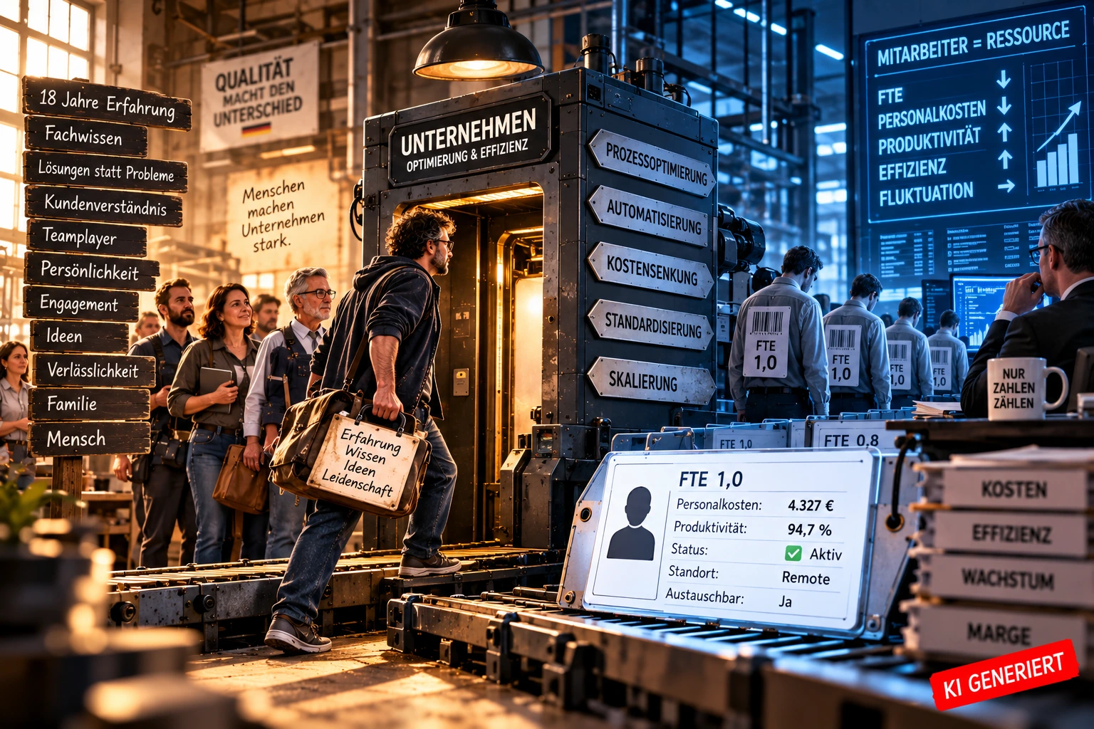 Wenn aus Menschen Kennzahlen werden Satirische Illustration eines Mitarbeiters, dessen Erfahrung, Wissen und Persönlichkeit in einer Unternehmensmaschine auf FTE, Personalkosten und Produktivitätskennzahlen reduziert werden.