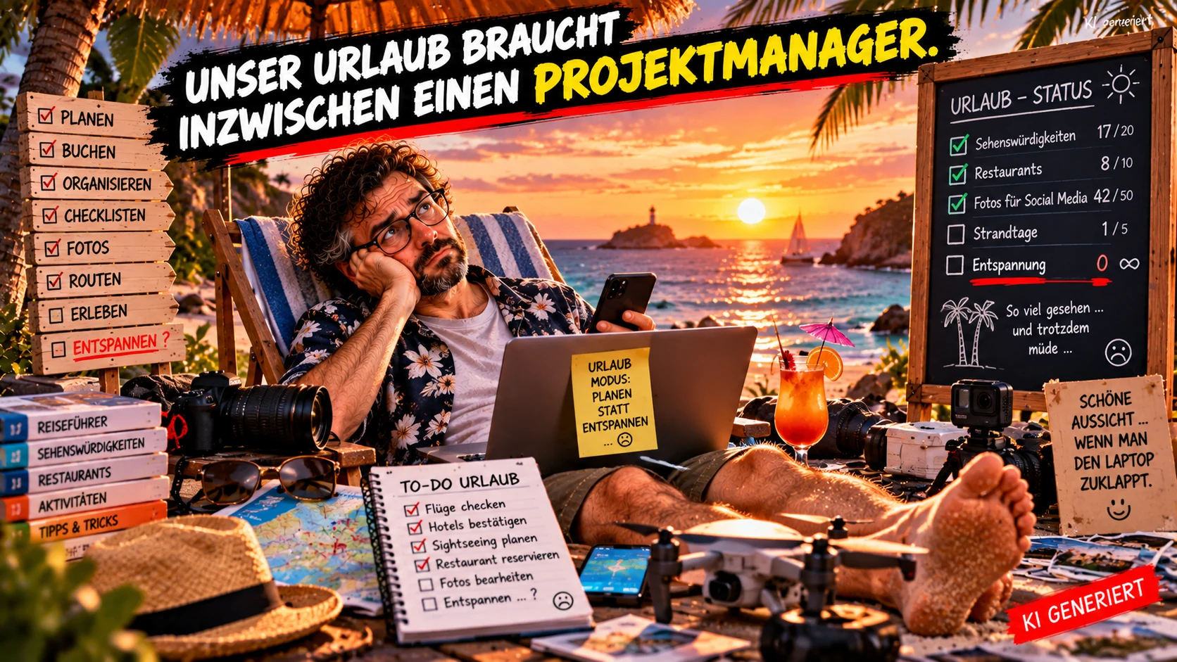Unser Urlaub braucht inzwischen einen Projektmanager Satirische Illustration eines erschöpften Urlaubers mit Laptop, Smartphone und Checklisten am Strand. Während im Hintergrund die Sonne untergeht, zeigt eine Urlaubstafel zahlreiche erledigte Aktivitäten, aber keine Entspannung.