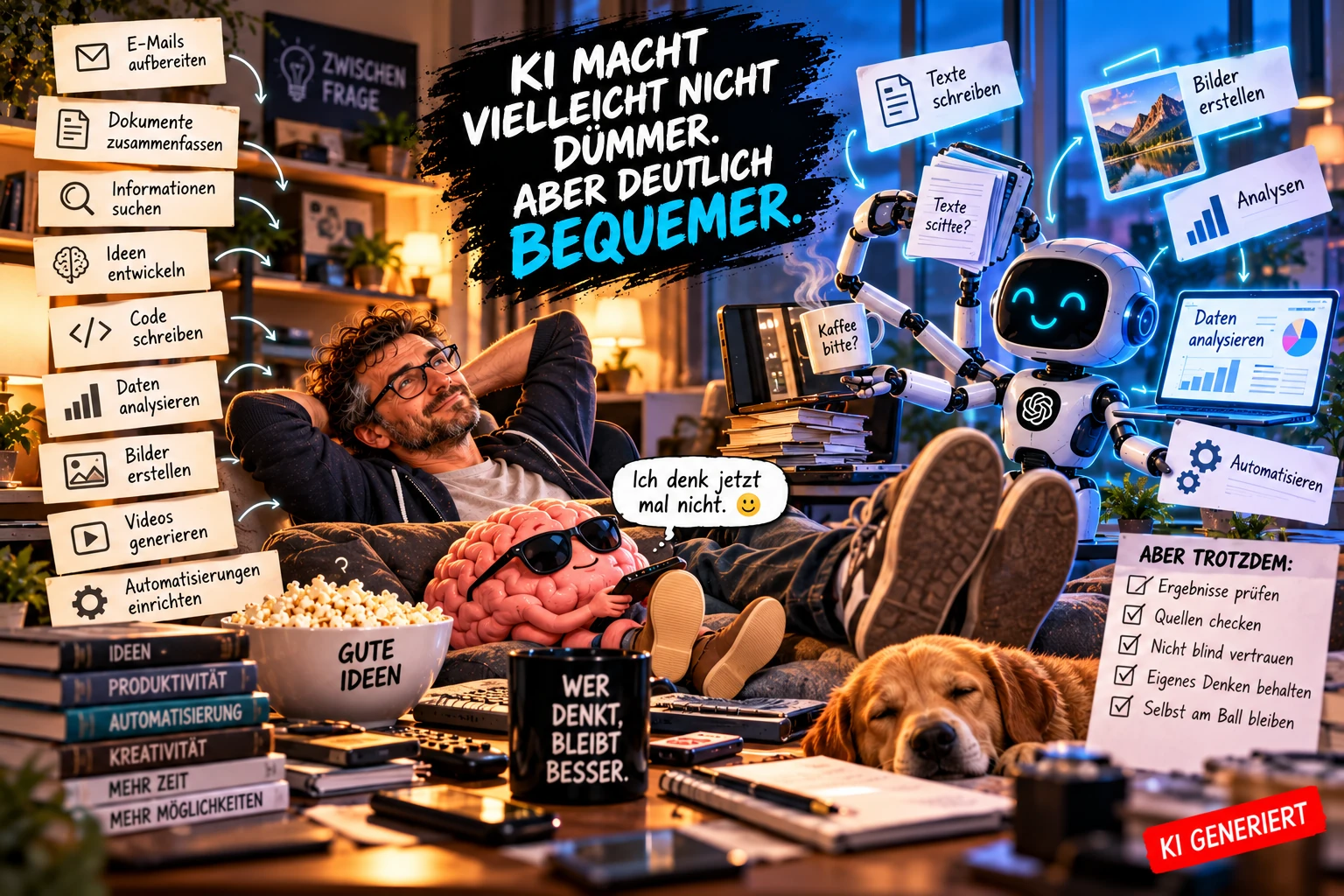 KI macht uns vielleicht nicht dümmer – aber bequemer Satirische Illustration über künstliche Intelligenz, die Schreiben, Analysen, Bilder und Automatisierungen übernimmt, während der Mensch immer bequemer wird.