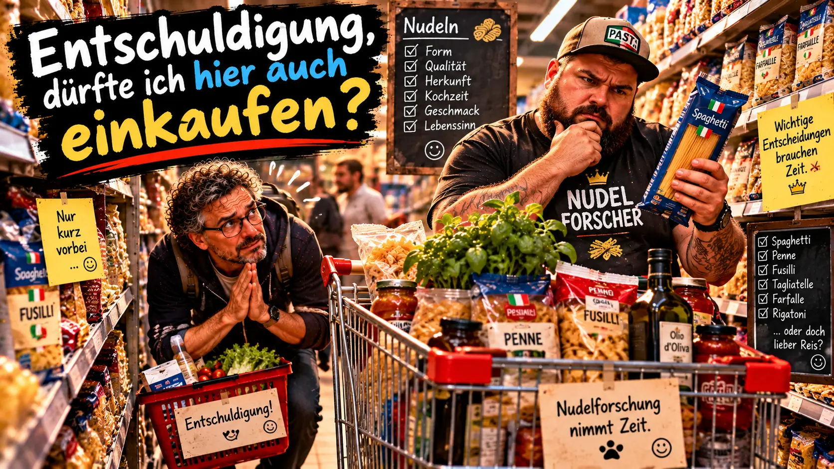 Entschuldigung, dürfte ich hier auch einkaufen? – Nudelforschung Satirische KI-Illustration: Ein Mann untersucht im Supermarkt eine Packung Spaghetti und blockiert mit seinem Einkaufswagen den Gang, während ein anderer Kunde sich entschuldigend vorbeizwängen möchte.