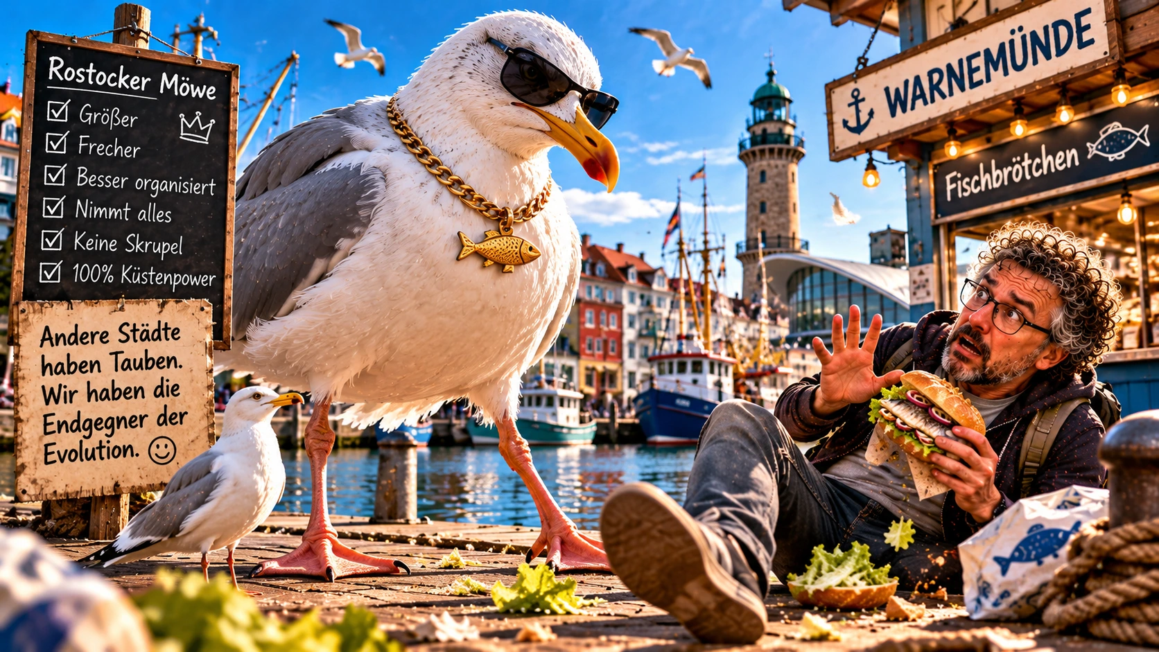 Die Rostocker Möwe – Der Endgegner der Evolution Satirisches Bild einer riesigen Silbermöwe mit Sonnenbrille und Goldkette, die einen erschrockenen Touristen mit Fischbrötchen am Hafen von Warnemünde einschüchtert. Daneben steht eine normal große Möwe.