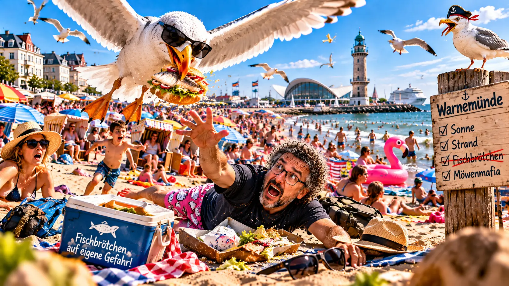 Warnemünde im Sommer – Touristenchaos und organisierter Fischbrötchenraub Satirisches Bild eines überfüllten Strandes in Warnemünde mit zahlreichen Touristen, Strandkörben und Sonnenschirmen. Eine riesige Silbermöwe mit Sonnenbrille fliegt mit einem gestohlenen Fischbrötchen davon, während ein erschrockener Urlauber im Sand liegt. Im Hintergrund sind der Warnemünder Leuchtturm und der Teepott zu sehen.