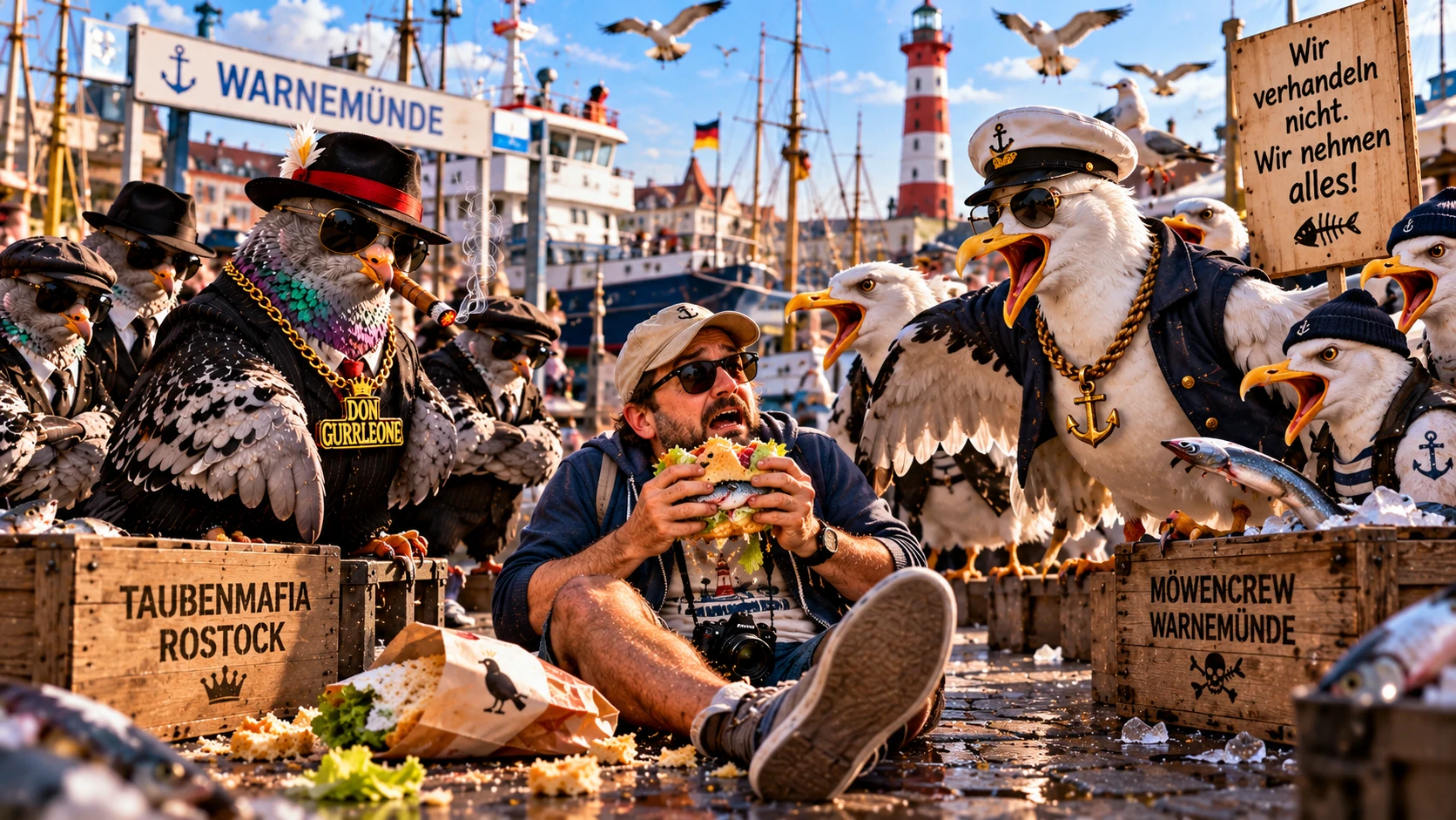 Revierkrieg in Warnemünde – Don Gurrleone trifft auf die Möwenmafia Satirische Darstellung eines Revierkriegs zwischen der Rostocker Taubenmafia und einer Möwenbande am Hafen von Warnemünde. Don Gurrleone und seine Tauben tragen Mafia-Anzüge, während aggressive Möwen in Seemannskleidung einen verängstigten Touristen mit Fischbrötchen umzingeln.