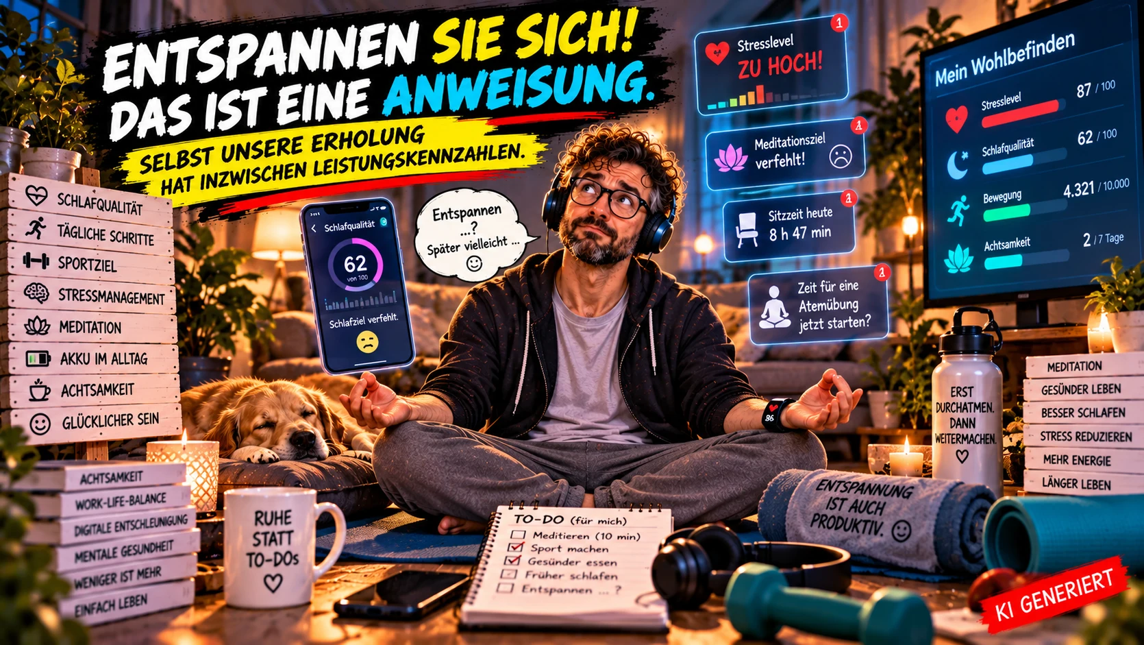 Entspannen Sie sich! Das ist eine Anweisung. Satirische Illustration eines Mannes beim Meditieren, umgeben von digitalen Benachrichtigungen über Stresslevel, Schlafqualität und verfehlte Entspannungsziele.