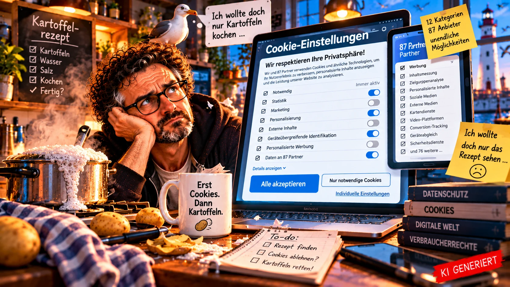 Erst Cookies, dann Kartoffeln – Datenschutz trifft Kochrezept Satirische KI-generierte Illustration eines genervten Mannes mit Brille, der ein Kartoffelrezept aufrufen möchte, während ein riesiges Cookie-Banner seinen Bildschirm blockiert und die Kartoffeln auf dem Herd überkochen.