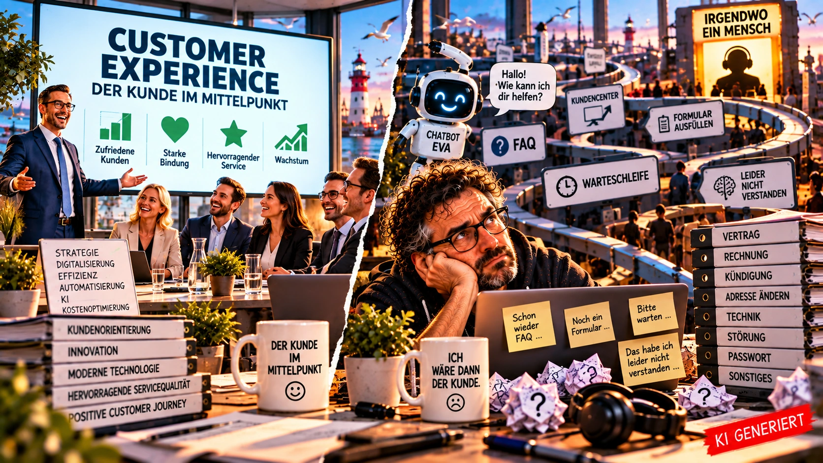 Customer Experience – der Kunde im Mittelpunkt. Theoretisch. Satirische KI-generierte Illustration zum digitalen Kundenservice: Während ein Unternehmen „Customer Experience – Der Kunde im Mittelpunkt“ präsentiert, kämpft ein Kunde mit FAQ, Chatbot, Kontaktformular und Warteschleife auf der Suche nach einem Menschen.
