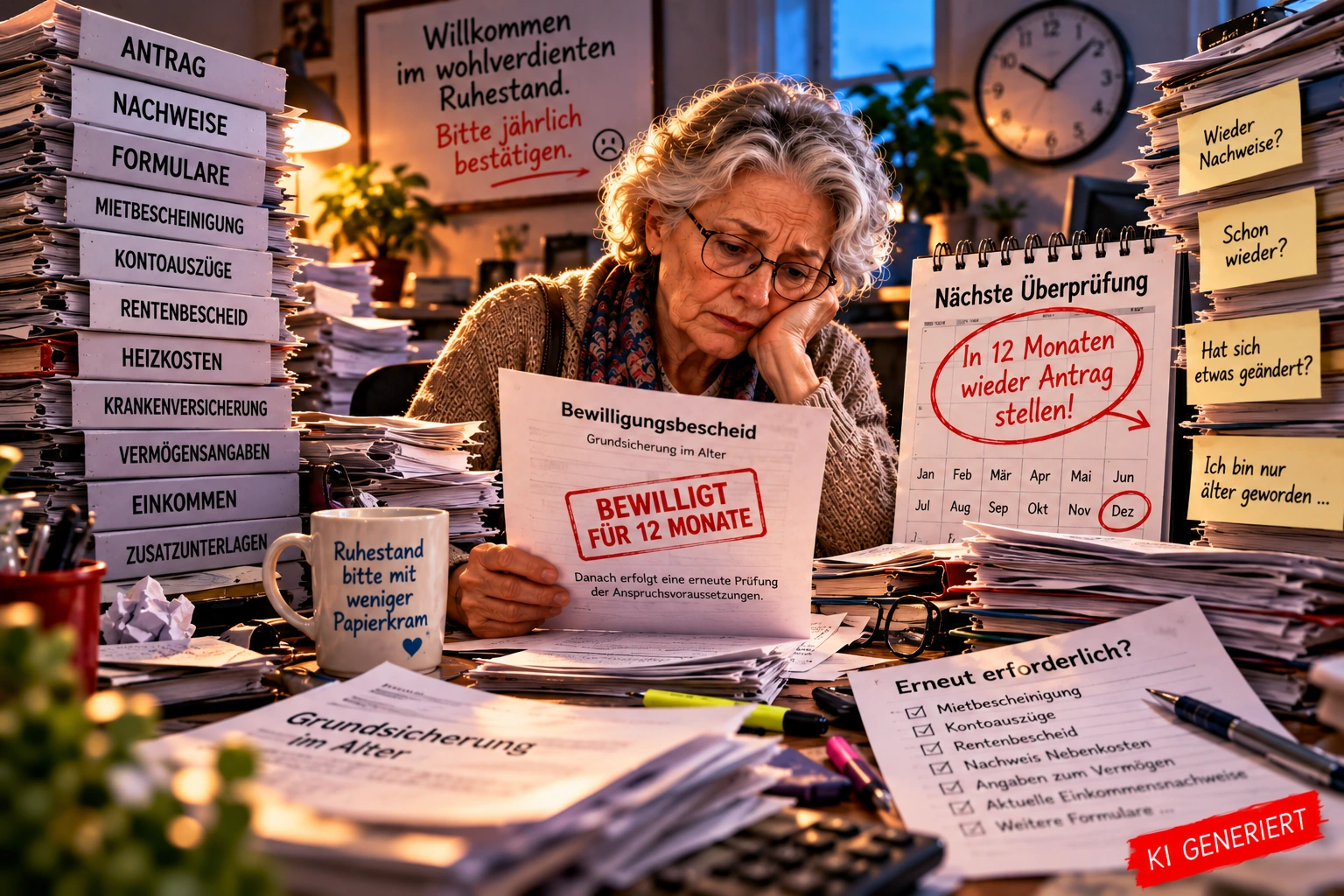 Altersarmut und Bürokratie – Bewilligt für zwölf Monate. Und dann? Satirische KI-generierte Illustration einer älteren Rentnerin mit Brille, die erschöpft zwischen riesigen Stapeln von Anträgen, Nachweisen und Formularen sitzt. Sie hält einen Grundsicherungsbescheid mit der Aufschrift „Bewilligt für 12 Monate“, während ein Kalender die nächste Überprüfung ankündigt.