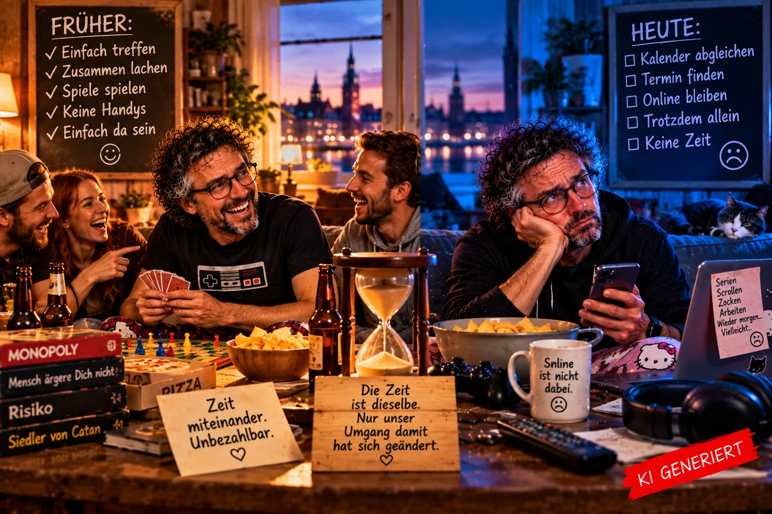 Früher gemeinsam, heute online – Was ist aus unserer Zeit miteinander geworden? Satirischer Vergleich zwischen früher und heute: Links lachen Freunde beim gemeinsamen Spieleabend, rechts sitzt ein Mann allein mit seinem Smartphone. Das Bild verdeutlicht den Wandel persönlicher Kontakte durch digitale Medien.