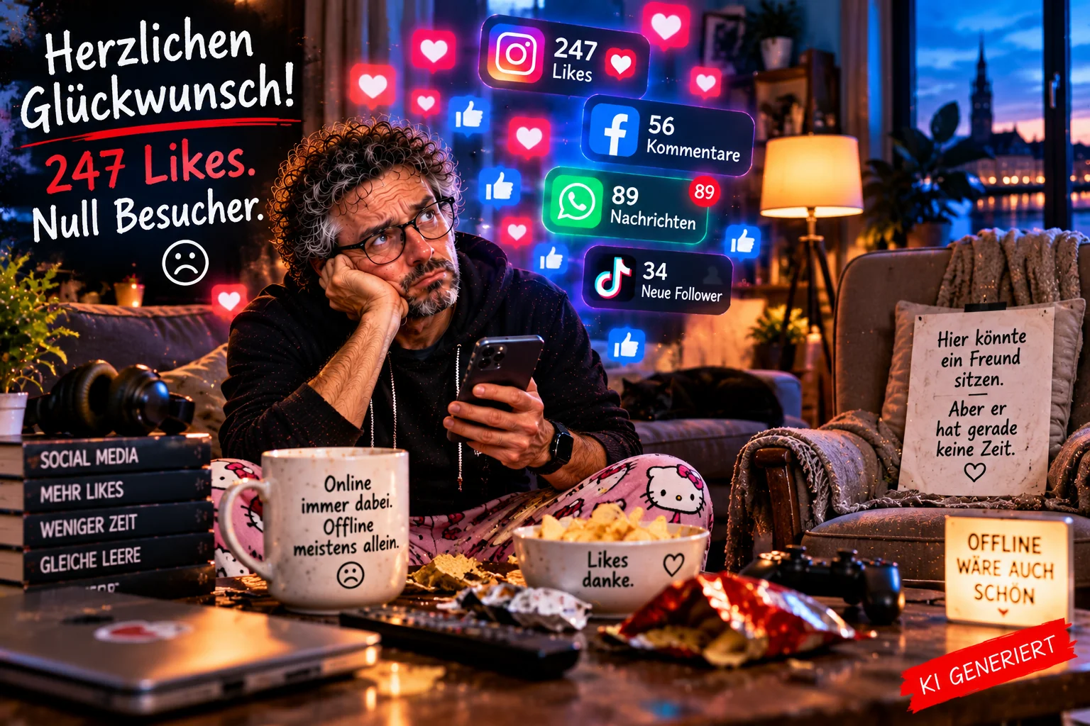 247 Likes, null Besucher – Wenn digitale Aufmerksamkeit echte Nähe ersetzt Satirische Darstellung eines einsamen Mannes auf dem Sofa. Trotz 247 Likes und zahlreicher Social-Media-Nachrichten bleibt der Sessel neben ihm leer.