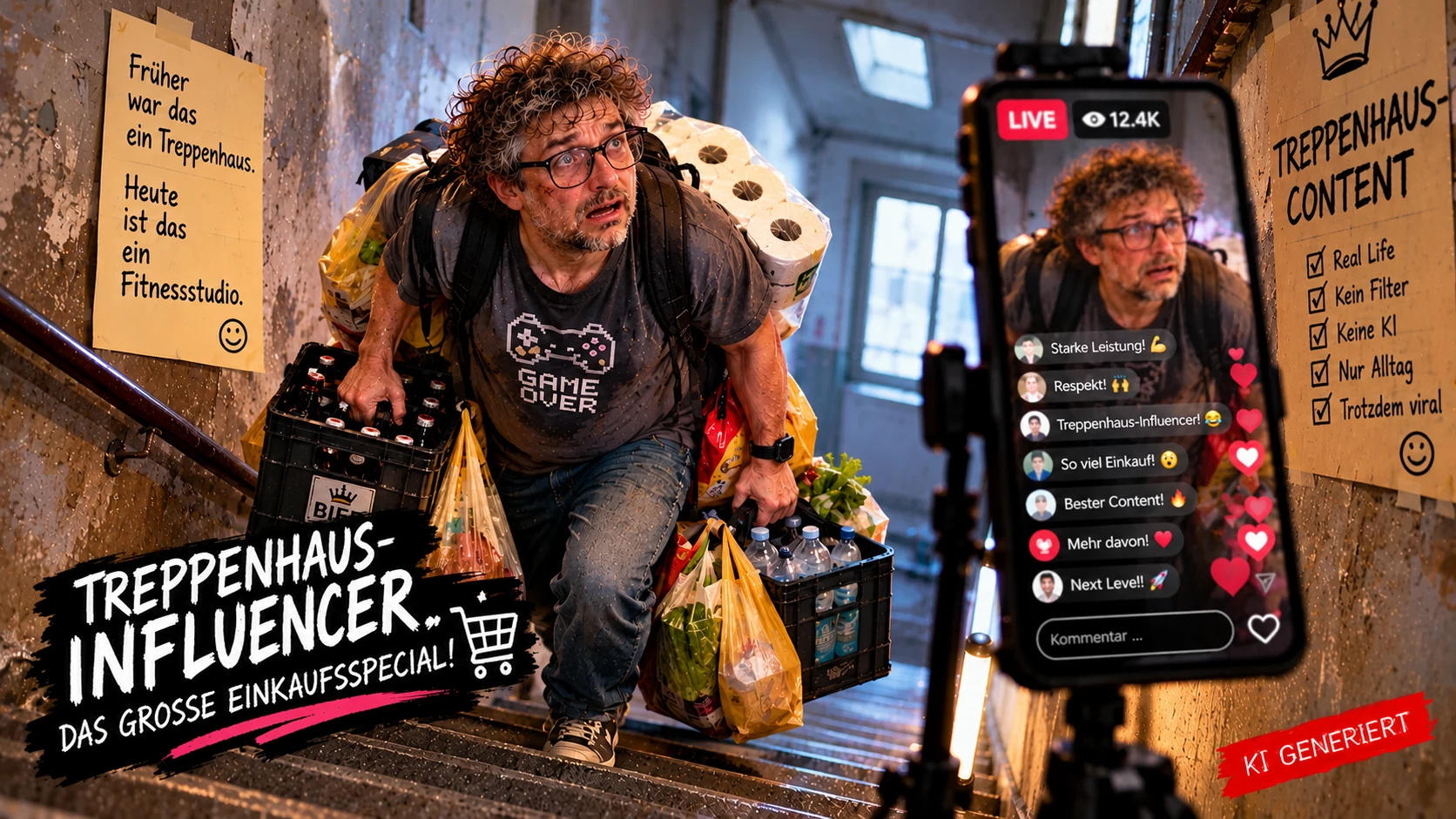 Treppenhaus-Influencer – Das große Einkaufsspecial! Erschöpfter Mann schleppt Einkäufe und Getränkekisten fünf Etagen hoch und streamt dabei live.
