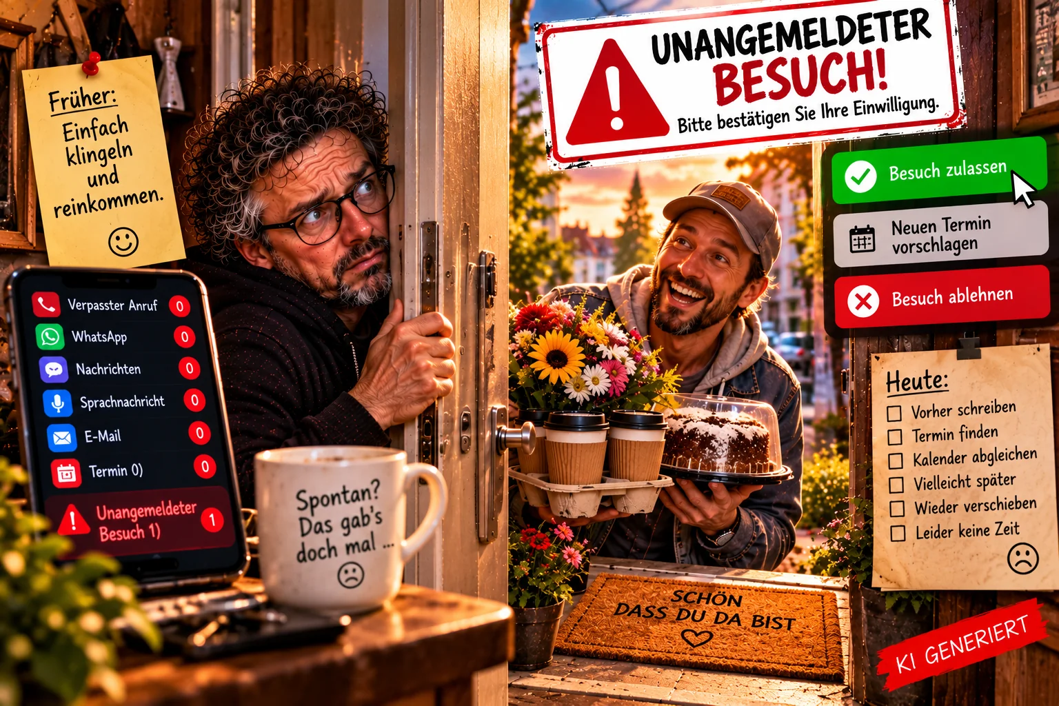 Unangemeldeter Besuch – Wenn Freundschaft plötzlich eine Terminvereinbarung braucht Satirische Szene: Ein überraschter Mann öffnet einem Freund mit Kaffee und Kuchen die Tür. Ein Warnschild fordert die Zustimmung zum unangemeldeten Besuch.