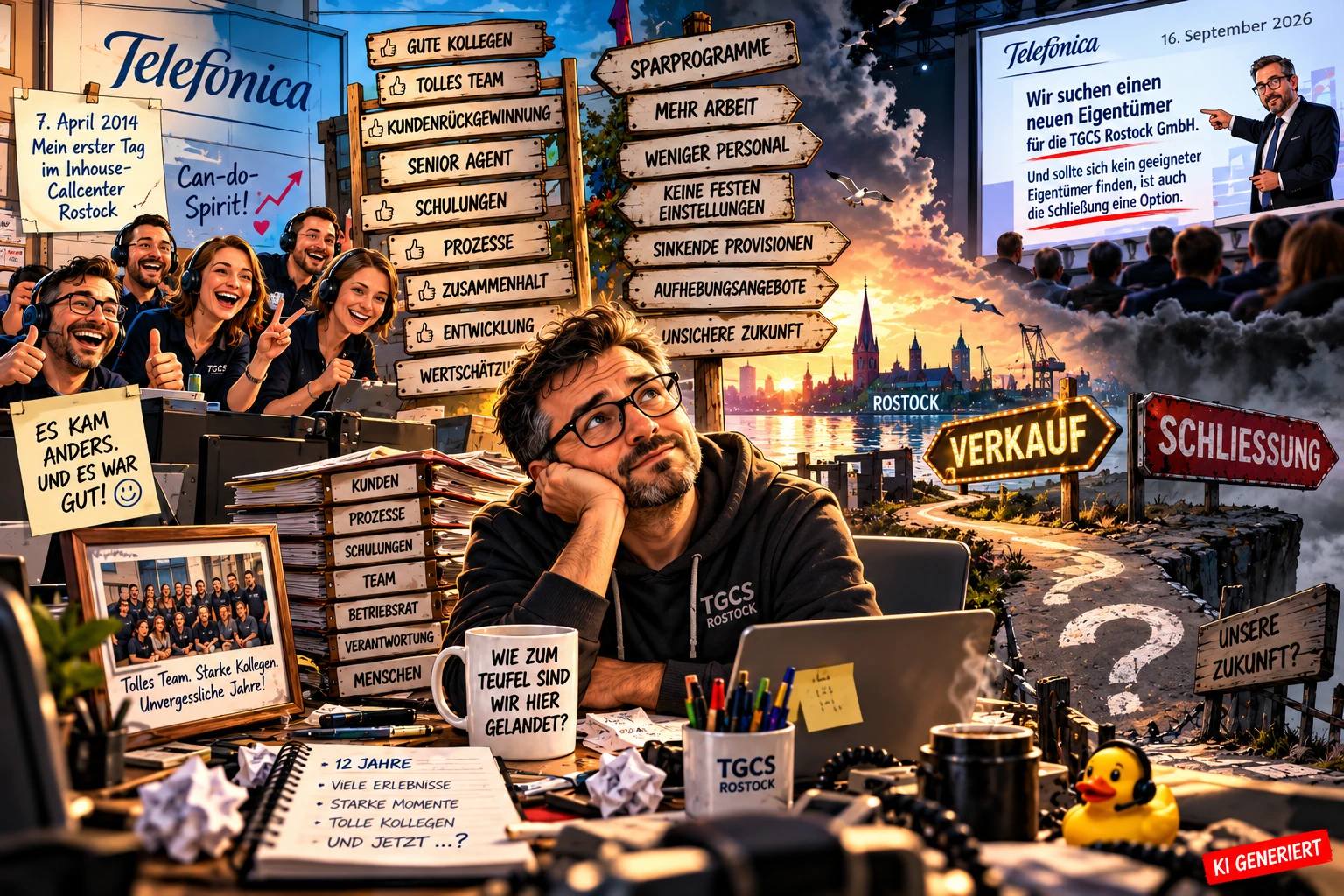Fast zwölf Jahre – und plötzlich ist alles anders Satirische Illustration meiner beruflichen Reise bei TGCS Rostock von meinem Start 2014 bis zur Ankündigung 2026, einen neuen Eigentümer zu suchen oder den Standort möglicherweise zu schließen.