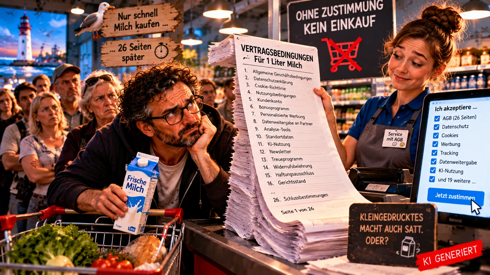 Ein Liter Milch, 26 Seiten AGB – Willkommen im Supermarkt! Satirische KI-generierte Illustration eines genervten Mannes mit Brille, der im Supermarkt nur einen Liter Milch kaufen möchte. An der Kasse erhält er stattdessen einen riesigen Stapel Vertragsbedingungen, während die Kassiererin lächelt und ungeduldige Kunden warten.