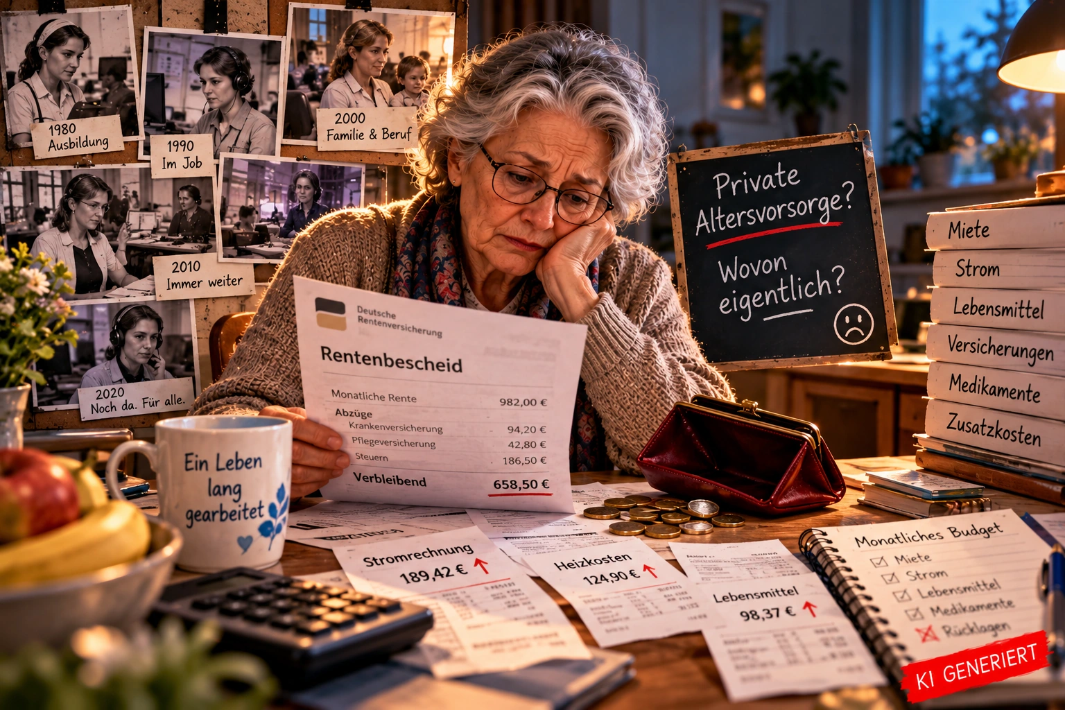 45 Jahre gearbeitet – und wovon soll ich jetzt vorsorgen? Satirische KI-generierte Illustration zur Altersarmut: Eine ältere Rentnerin mit Brille sitzt nach einem langen Arbeitsleben am Küchentisch, betrachtet besorgt ihren Rentenbescheid und eine fast leere Geldbörse. Um sie herum liegen Rechnungen, während alte Fotografien an ihre Berufsjahre erinnern.