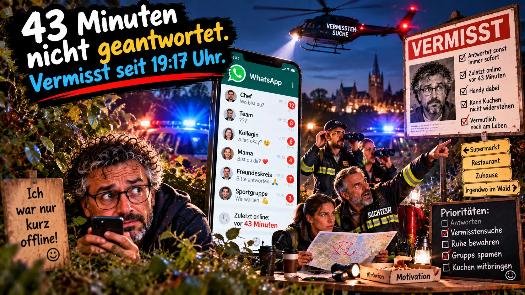 43 Minuten offline – Die große WhatsApp-Vermisstensuche Satirische KI-Illustration einer übertriebenen Vermisstensuche: Ein Mann versteckt sich mit seinem Smartphone im Gebüsch, während Rettungskräfte, Suchhubschrauber und ein Vermisstenplakat nach ihm suchen, weil er 43 Minuten nicht auf WhatsApp geantwortet hat.