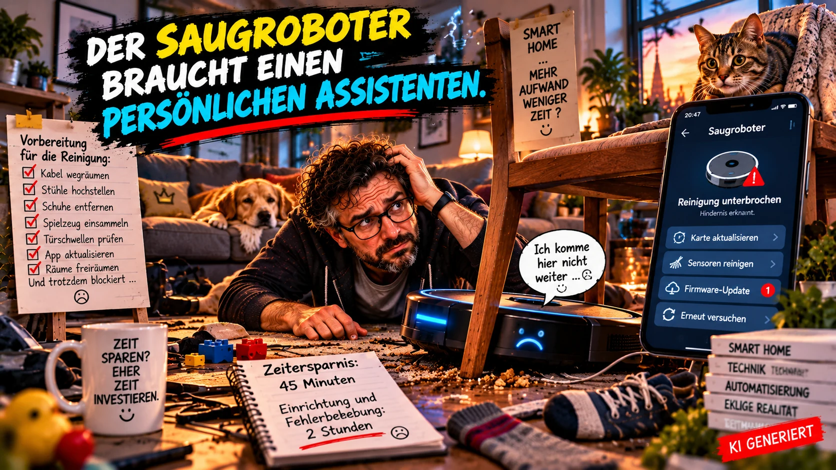 Der Saugroboter braucht einen persönlichen Assistenten Satirische Illustration eines genervten Mannes, der seinen festgefahrenen Saugroboter unter einem Stuhl befreien muss, während eine App eine Fehlermeldung anzeigt.