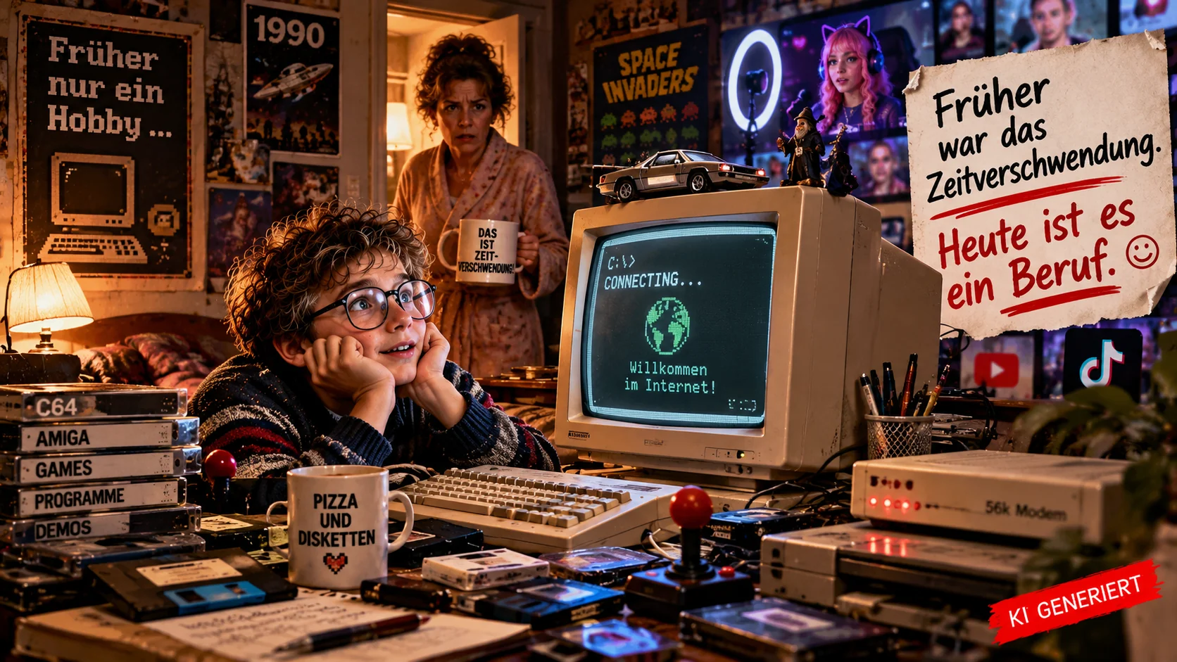 Als Computer noch Zeitverschwendung waren Junge am Retro-Computer mit Disketten und Modem, während seine Mutter skeptisch zuschaut.