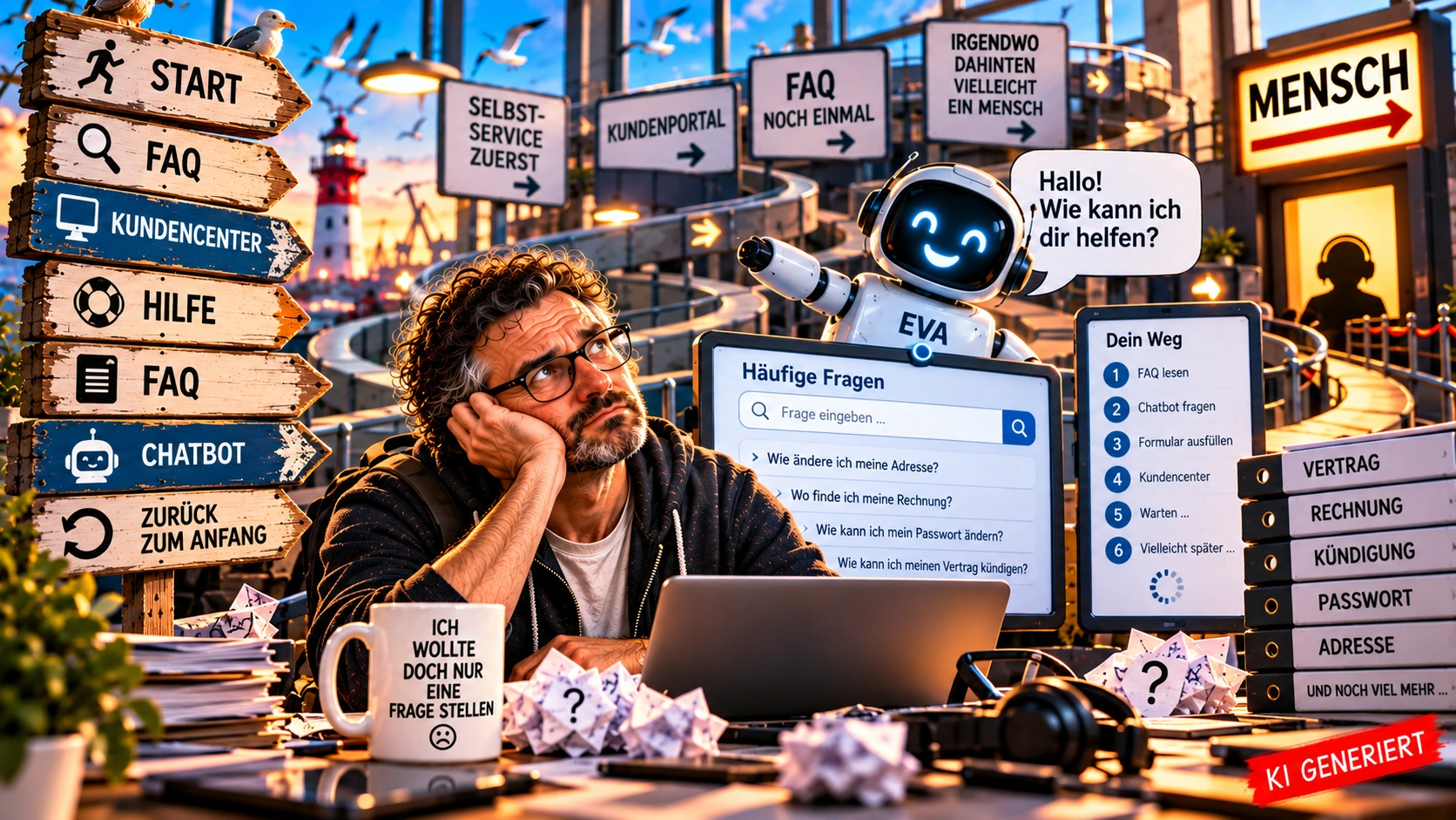 Willkommen im digitalen Kundenservice – irgendwo dahinten ist ein Mensch Satirische KI-generierte Illustration eines Kunden auf der Suche nach einem menschlichen Ansprechpartner zwischen FAQ, Kundencenter, Self-Service und Chatbot EVA im digitalen Kundenservice.