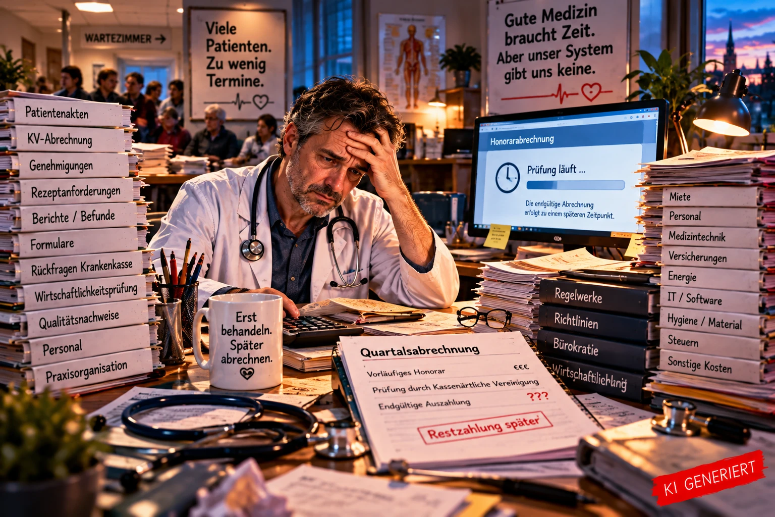 Erst behandeln, später abrechnen – Ärzte zwischen Patienten und Bürokratie Satirische KI-generierte Illustration eines erschöpften Arztes in seiner Praxis. Umgeben von Patientenakten, Abrechnungen und laufenden Praxiskosten sitzt er vor einem Bildschirm mit verzögerter Honorarabrechnung, während im Hintergrund Patienten warten.