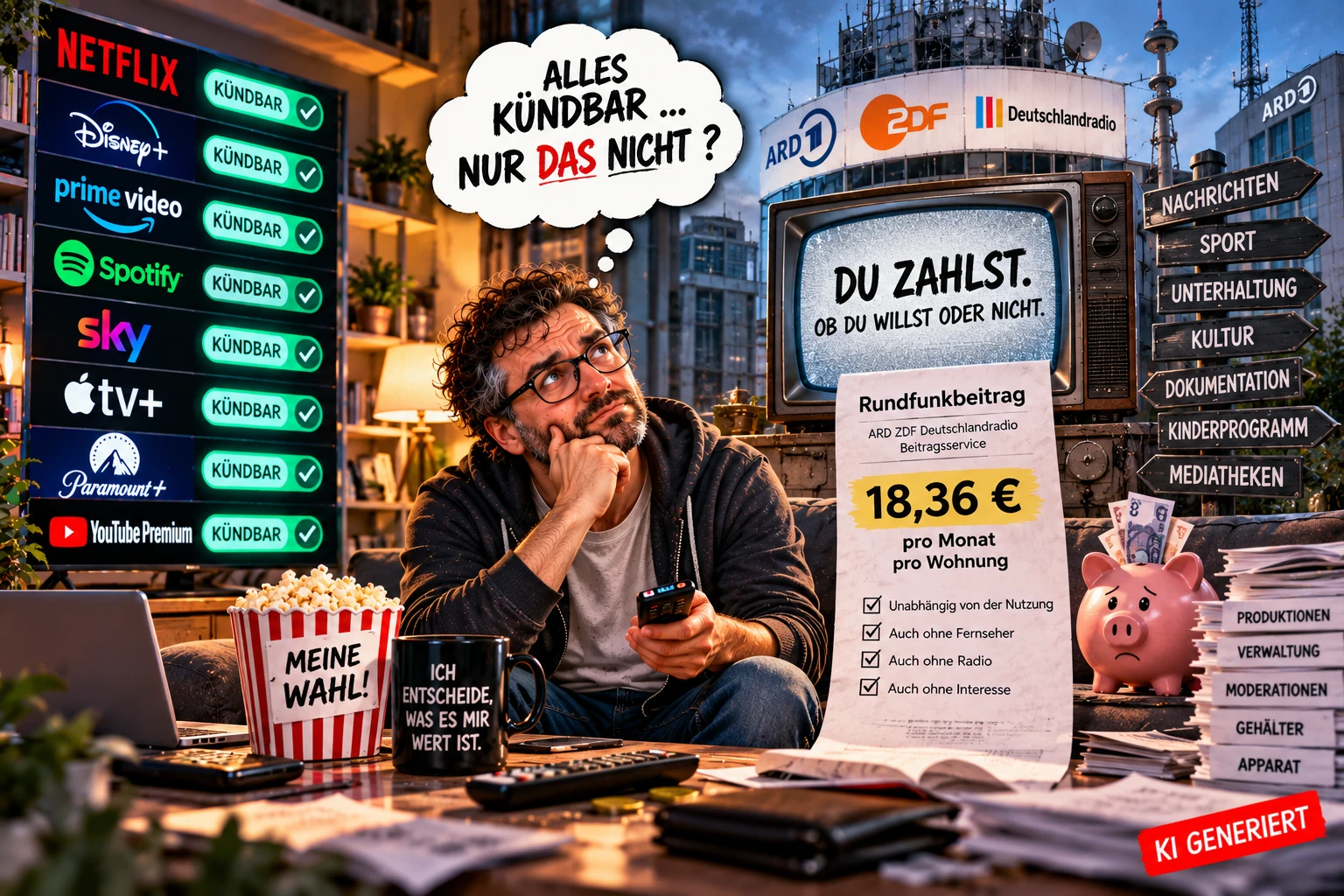 Satirische Illustration zum Rundfunkbeitrag: kündbare Streamingdienste stehen der verpflichtenden Zahlung von 18,36 Euro pro Wohnung gegenüber.
