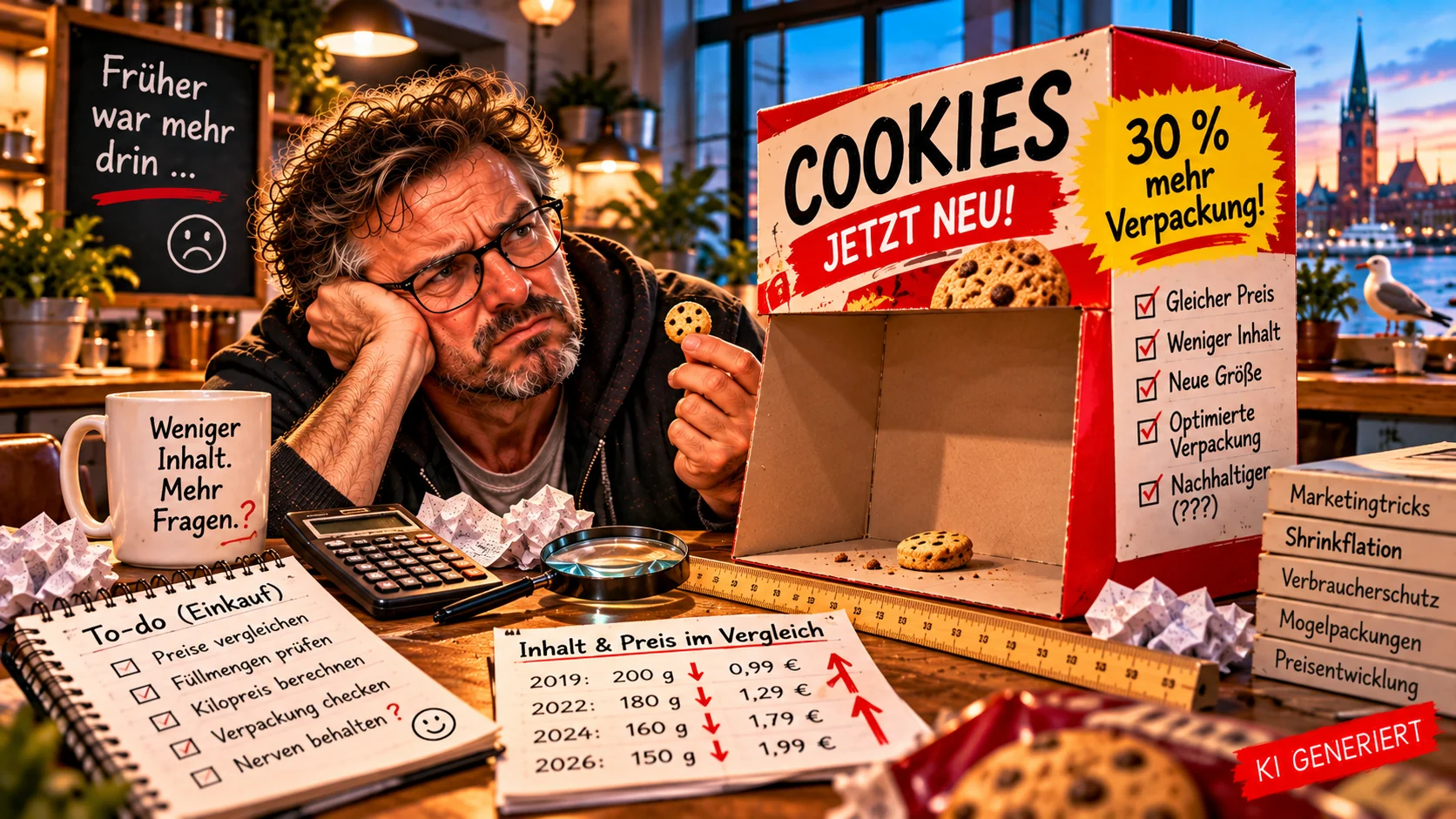 Die große Verpackungslüge – Weniger Inhalt, mehr Verpackung Satirisches Bild über Shrinkflation: Ein Mann mit Brille betrachtet einen winzigen Keks neben einer riesigen, fast leeren Verpackung. Taschenrechner und Preisschilder verdeutlichen versteckte Preiserhöhungen.