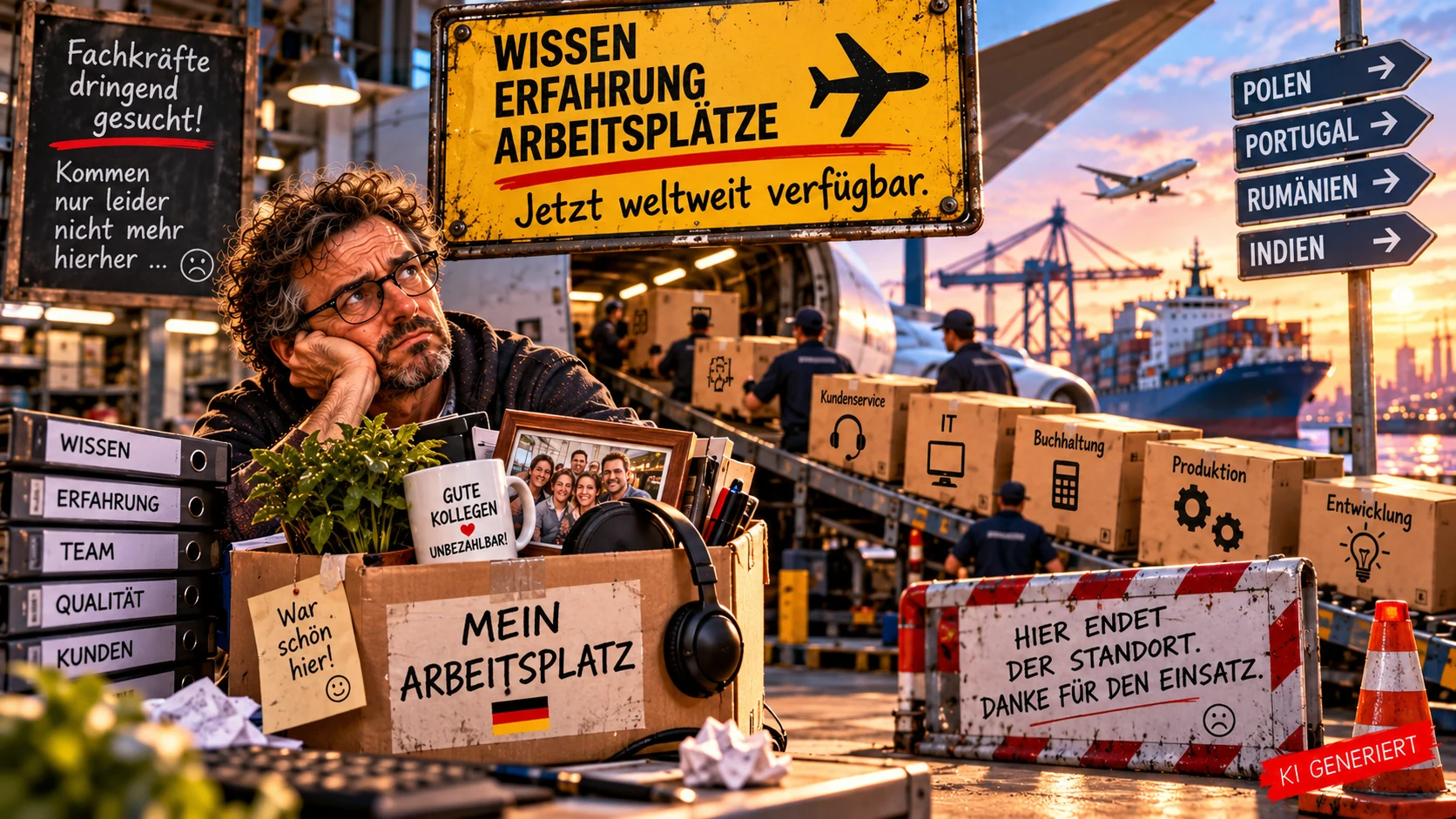 Wissen, Erfahrung, Arbeitsplätze – Jetzt weltweit verfügbar Satirisches Bild über Outsourcing und Arbeitsplatzverlagerung: Ein nachdenklicher Mann mit Brille sitzt neben einem Karton mit der Aufschrift „Mein Arbeitsplatz“, während Aufgaben aus Kundenservice, IT, Buchhaltung und Produktion ins Ausland transportiert werden.